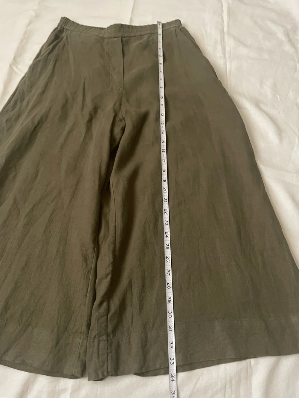 COS Olive Elastic Waist Wide Leg Cropped Linen Trousers